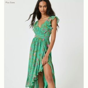 Anthropologie Kelly green floral dress with ruffle sleeve, size 8
